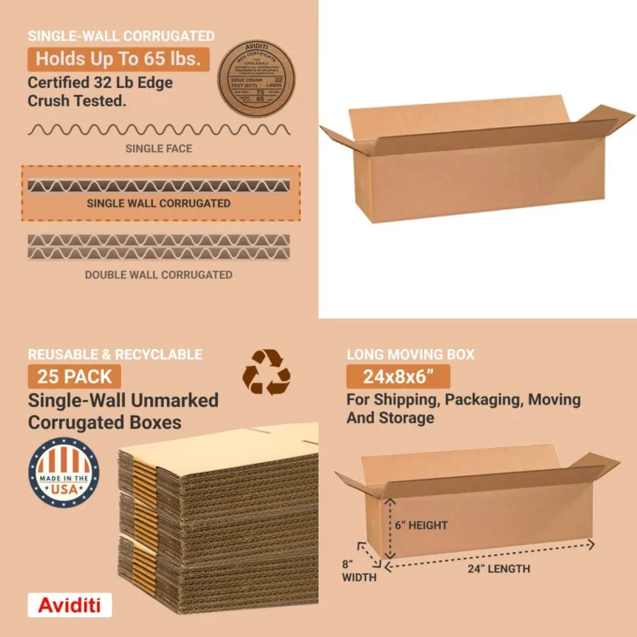 2486 Long Corrugated Cardboard Box 24" L x 8" W x 6" H, Kraft, For Shipping, Packing and Moving Pack of 25
2486 Long Corrugated Cardboard Box 24" L x 8" W x 6" H, Kraft, For Shipping, Packing and Moving Pack of 25