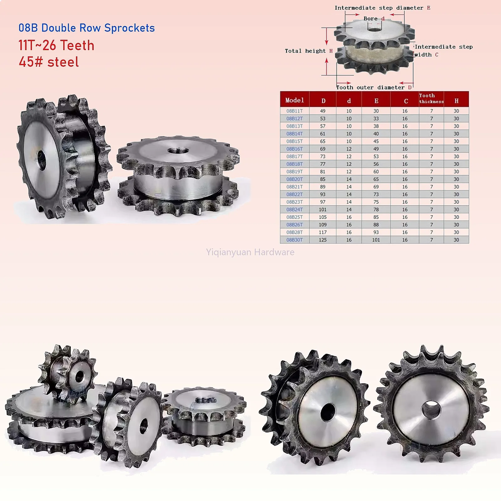 Yiqianyuan 1piece 08B Double Row Idler Sprocket 45# Steel 11-26 Teeth Industrial Chain Drive Sprocket Wheel for Motor
Yiqianyuan 1piece 08B Double Row Idler Sprocket 45# Steel 11-26 Teeth Industrial Chain Drive Sprocket Wheel for Motor