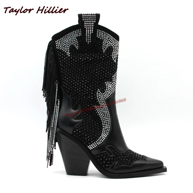 Rhinestone Black Leather Boots Women Pointed Thick Heel Side Zipper Fringe Boots Fashion Party Nightclub Winters Lady Shoes 41
Rhinestone Black Leather Boots Women Pointed Thick Heel Side Zipper Fringe Boots Fashion Party Nightclub Winters Lady Shoes 41