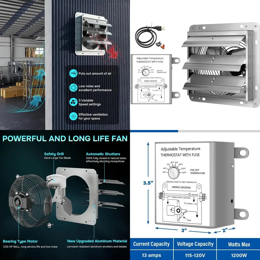 12 Wall-Mounted Exhaust Fan with Temperature Control and Power Kit, 1600 RPM, Ideal for Attic, Garage, Louvered Ventilation, Pla
12 Wall-Mounted Exhaust Fan with Temperature Control and Power Kit, 1600 RPM, Ideal for Attic, Garage, Louvered Ventilation, Pla
