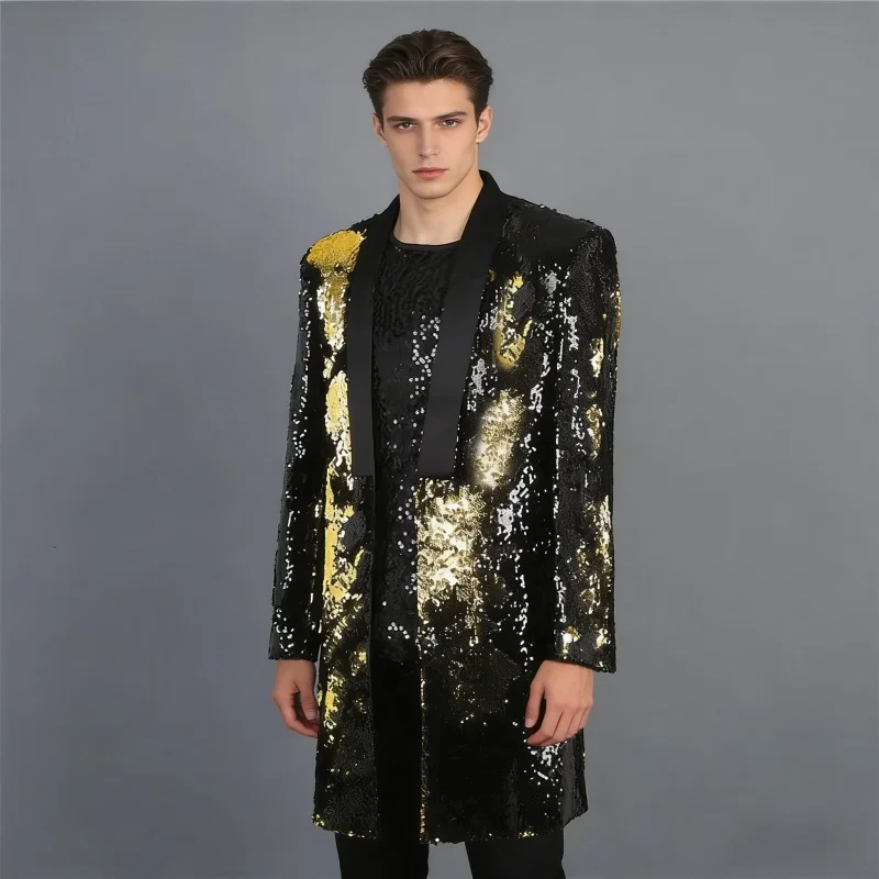 Men's Golden Black Sequin Blazer Mid-Length Leisure Fashion Coat for Nightclub DJ Singer Host Celebration Party Stage Costume
Men's Golden Black Sequin Blazer Mid-Length Leisure Fashion Coat for Nightclub DJ Singer Host Celebration Party Stage Costume