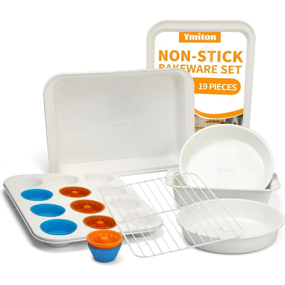 19 PCS Stackable Bakeware Set, Oven Pan with Tray, Cookie Sheet, Cake Pans, Loaf Pan, Muffin Pan, Silicone Cups
19 PCS Stackable Bakeware Set, Oven Pan with Tray, Cookie Sheet, Cake Pans, Loaf Pan, Muffin Pan, Silicone Cups