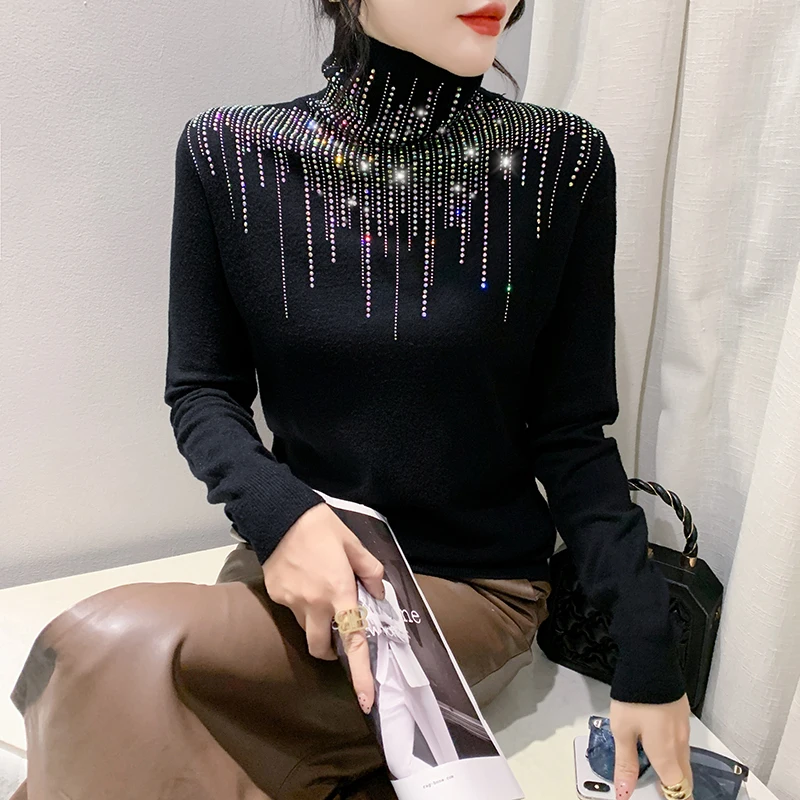 Black Korean Style Fall Winter Knitted Sweater Fashion Sexy Heaps Collar Turtleneck Diamodns Women Long Sleeve Tops New 4100205
Black Korean Style Fall Winter Knitted Sweater Fashion Sexy Heaps Collar Turtleneck Diamodns Women Long Sleeve Tops New 4100205