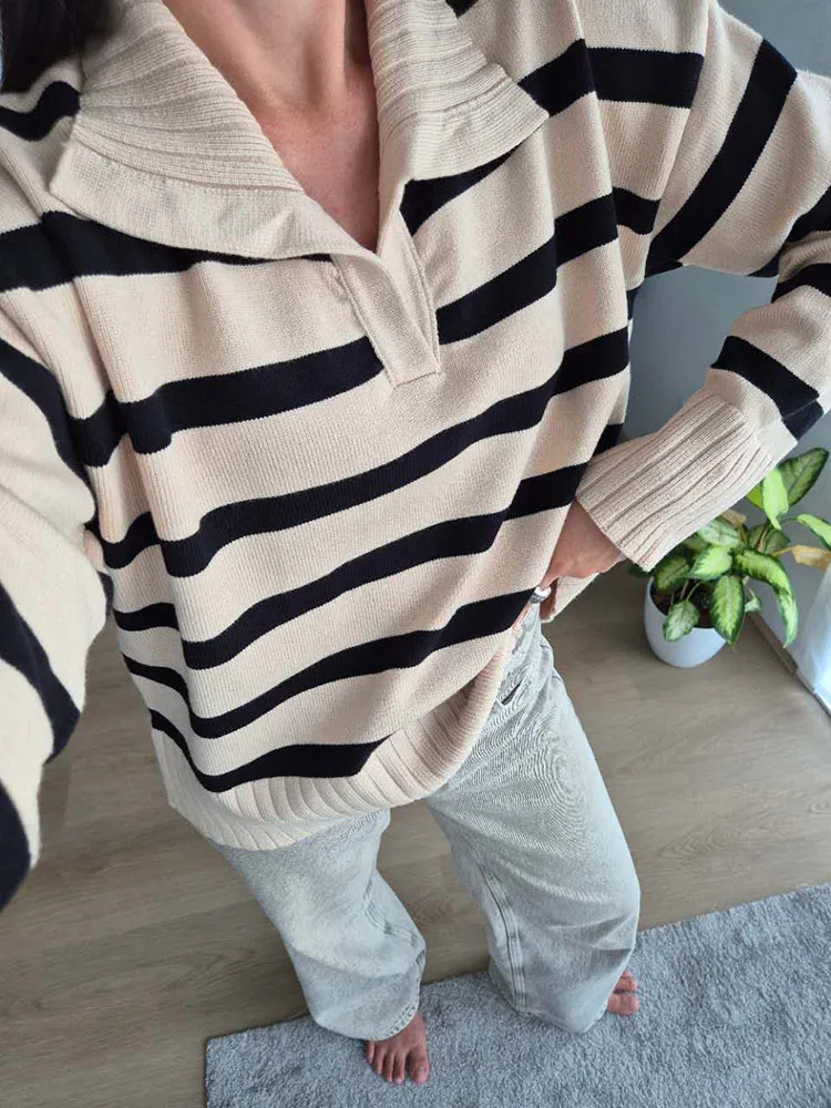 Осенний полосатый свитер, женский свободный вязаный пуловер-поло, теплые топы с длинными рукавами, вязаные джемперы цвета хаки, женские большие размеры
Осенний полосатый свитер, женский свободный вязаный пуловер-поло, теплые топы с длинными рукавами, вязаные джемперы цвета хаки, женские большие размеры