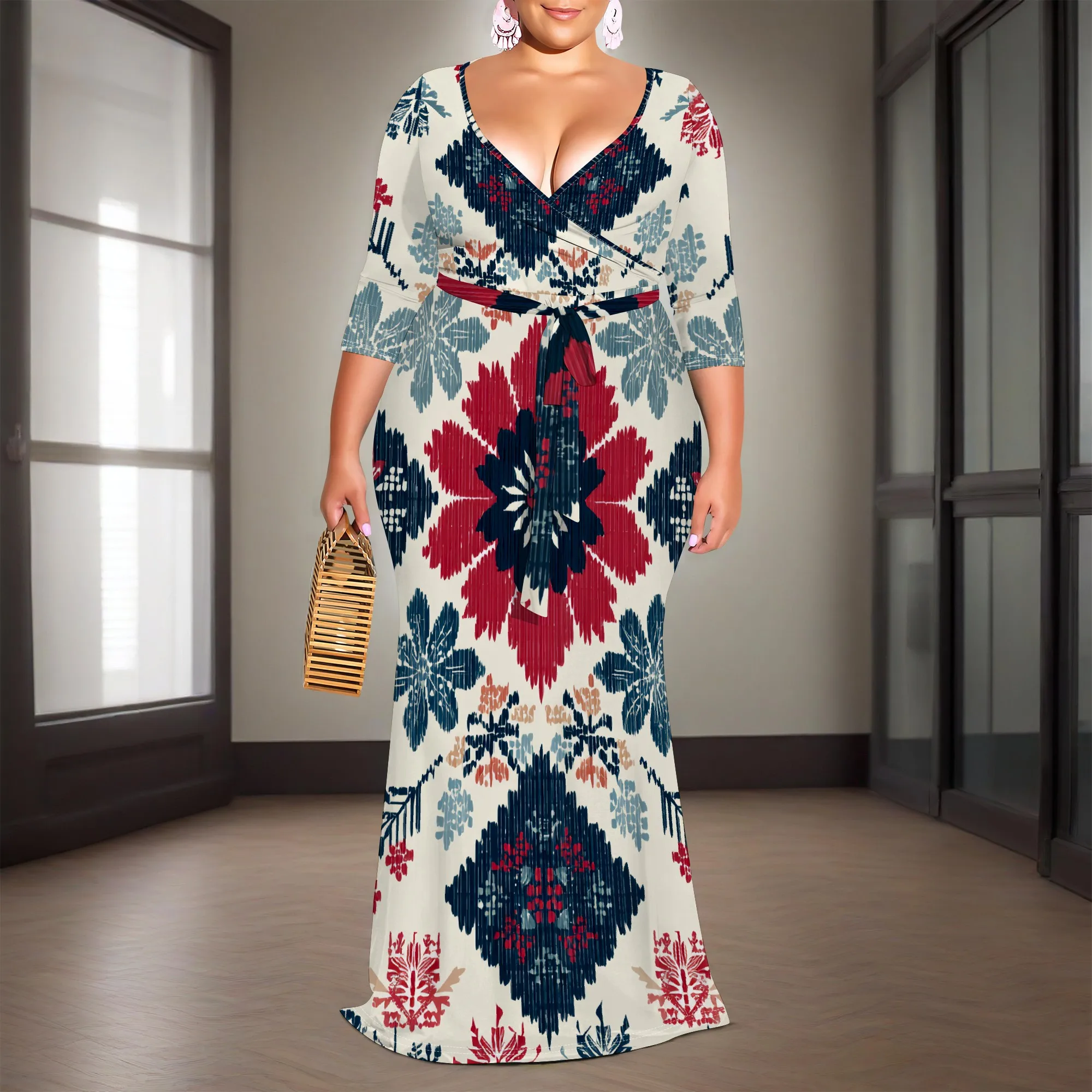 Boho Floral Tribal Print Wrap Dress XL-6XL V-Neck 3/4 Sleeve Belted Maxi Style for Cultural Fest, Heritage Day or Fall Gathering
Boho Floral Tribal Print Wrap Dress XL-6XL V-Neck 3/4 Sleeve Belted Maxi Style for Cultural Fest, Heritage Day or Fall Gathering
