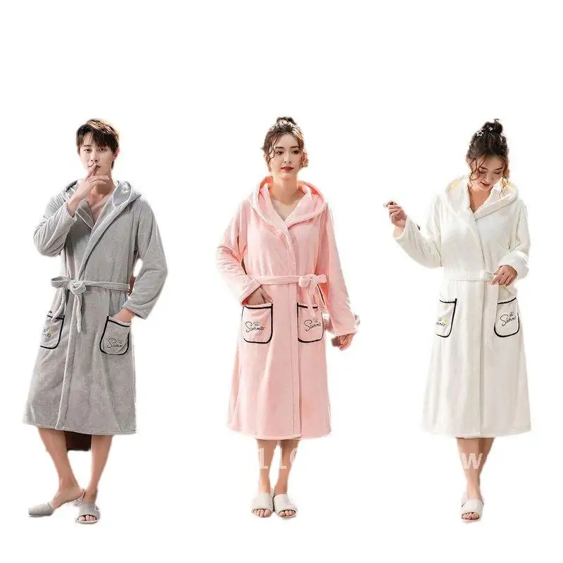 Thickened Coral Fleece Bathrobe for Couples Unisex Autumn Winter Long Nightgown with Hat Home Clothes Bath Skirt in White Pink
Thickened Coral Fleece Bathrobe for Couples Unisex Autumn Winter Long Nightgown with Hat Home Clothes Bath Skirt in White Pink