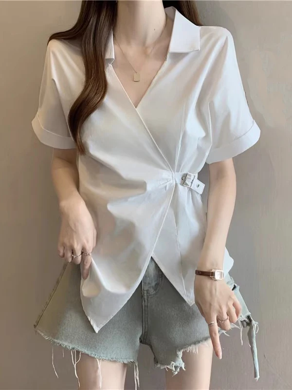 Women's V-neck Short-sleeved Shirt Design Sense Loose Waist Irregular Spring Summer New Style plus Size Fat MM Waist-cinching
Women's V-neck Short-sleeved Shirt Design Sense Loose Waist Irregular Spring Summer New Style plus Size Fat MM Waist-cinching