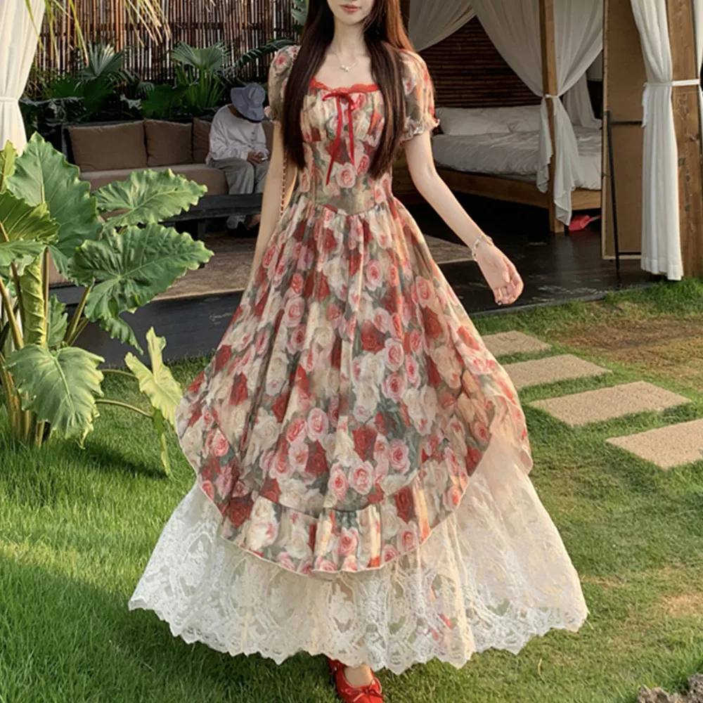 Retro Oil Painting-style Irregular Red Rose Print Lace Patchwork Dress For Women Summer Square-neck Lace-up Floral Fairy Skirt
Retro Oil Painting-style Irregular Red Rose Print Lace Patchwork Dress For Women Summer Square-neck Lace-up Floral Fairy Skirt