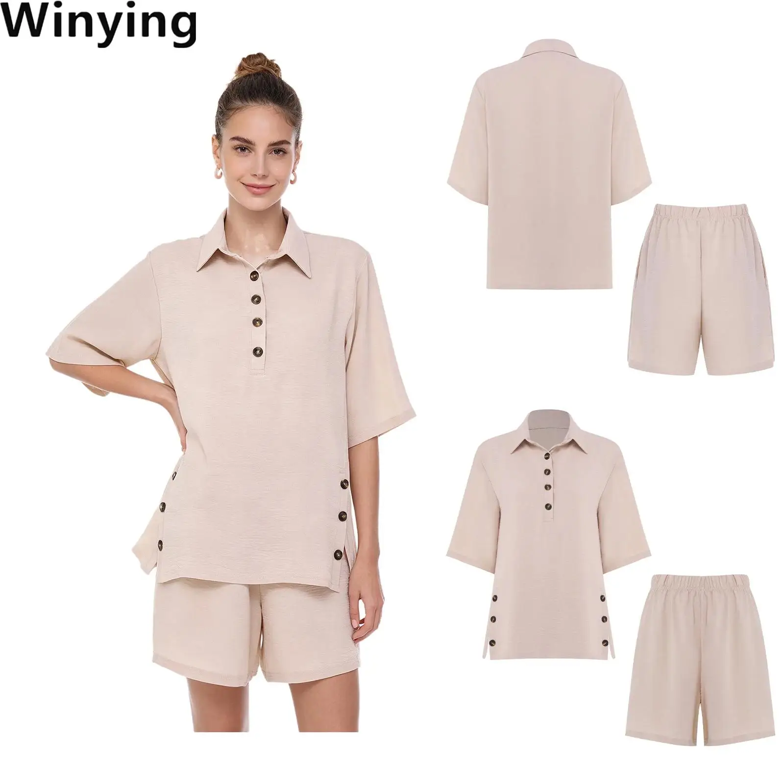 Women Loose Short-sleeve Lapel Buttons Shirt And Elastic Waistband Shorts with Pockets Two-piece Set for Daily Vacation
Women Loose Short-sleeve Lapel Buttons Shirt And Elastic Waistband Shorts with Pockets Two-piece Set for Daily Vacation