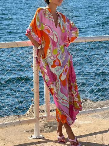 Spring Summer Fashion Vintage Print Loose Floor-Length Dress Women's Lace-Up O-Neck Batwing Half Sleeve Pullovers Long Dress