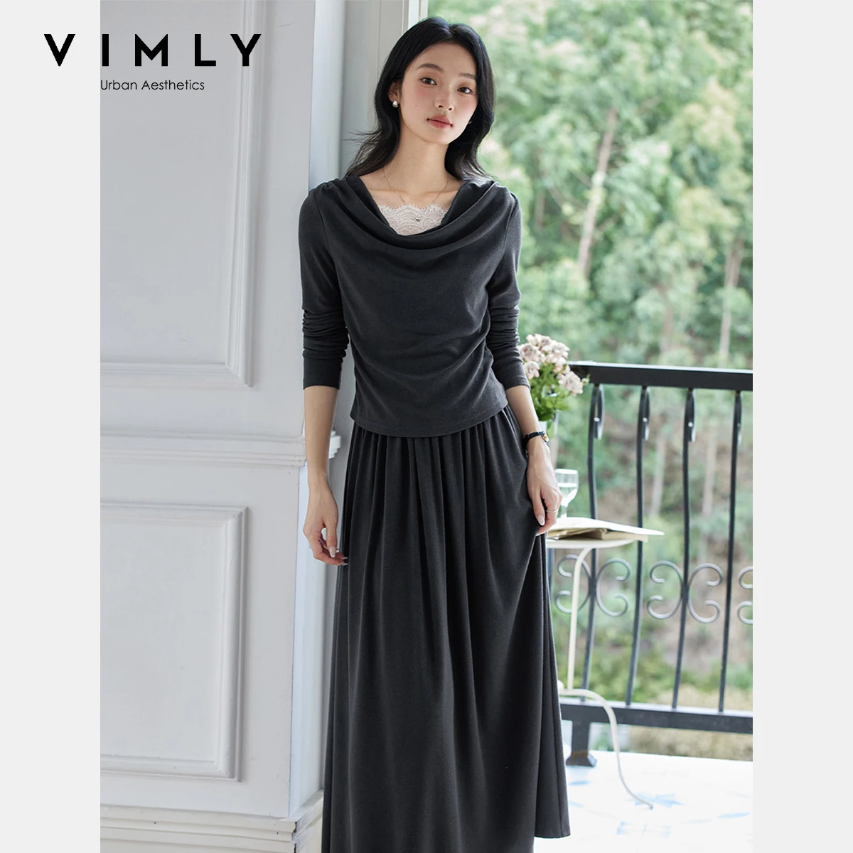VIMLY Grey Skirts Sets Women's Autumn 2025 Lace Patchwork Swinging Neck Long Sleeve Top A-line Skirt Woman Two-piece Set A1990
VIMLY Grey Skirts Sets Women's Autumn 2025 Lace Patchwork Swinging Neck Long Sleeve Top A-line Skirt Woman Two-piece Set A1990