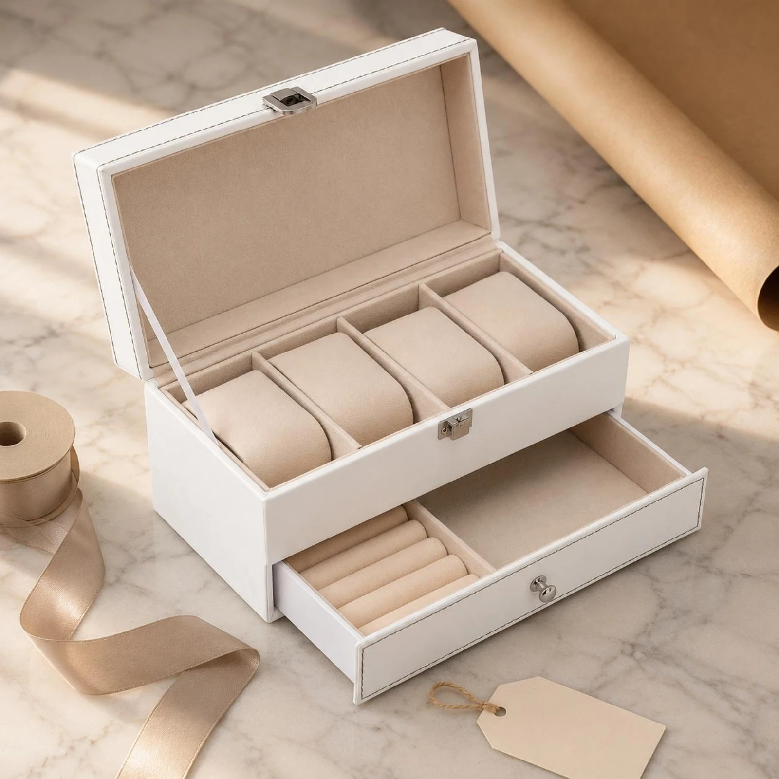 Double-Layer Watch Box Hinged Lid Watch Organizer with Drawer Padded Cushions Metal Latch
Double-Layer Watch Box Hinged Lid Watch Organizer with Drawer Padded Cushions Metal Latch