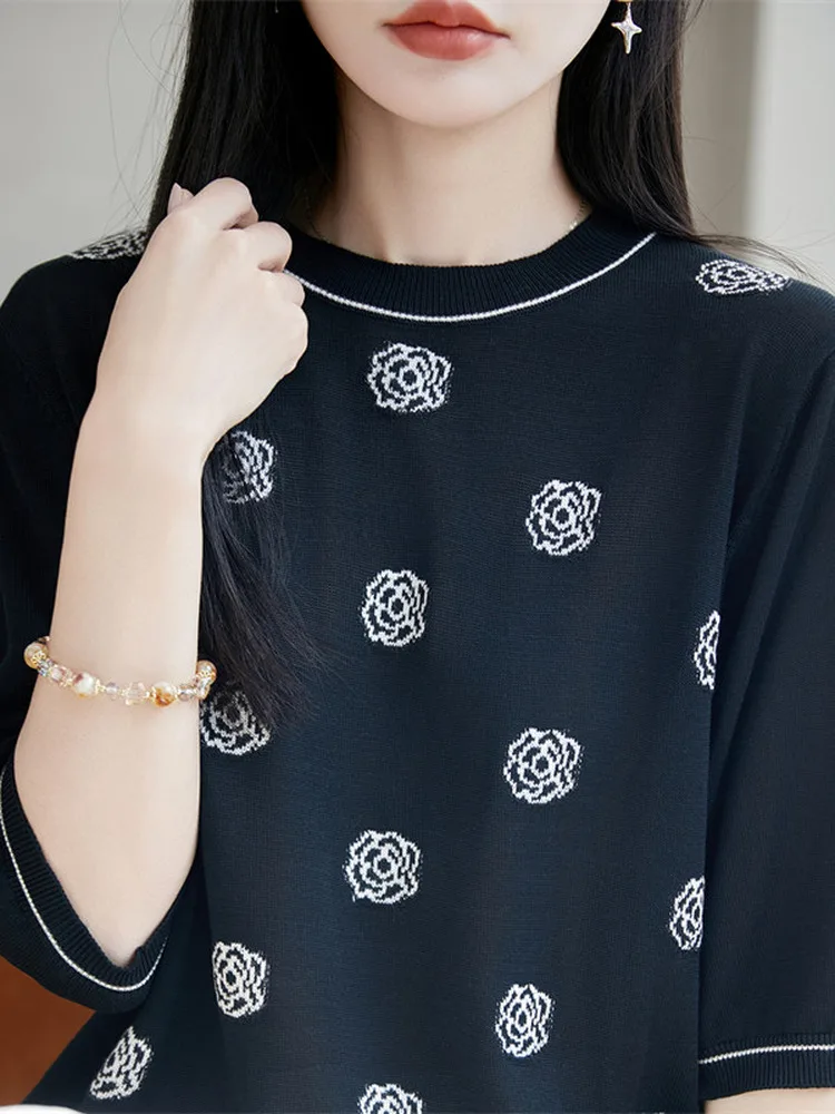 2026 New Women's Ice Silk Knitted Short Sleeve T-Shirt Embroidered Lightweight Summer Top Breathable Soft round Neck Pullover
2026 New Women's Ice Silk Knitted Short Sleeve T-Shirt Embroidered Lightweight Summer Top Breathable Soft round Neck Pullover
