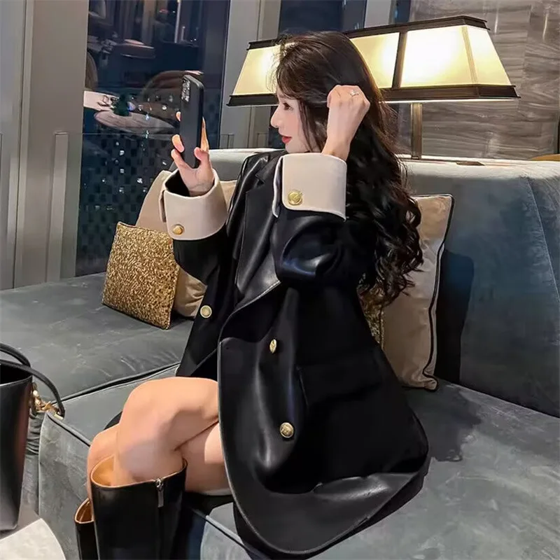 Loose Casual PU Leather Jacket Women's Black Color Block Design Spring Autumn New Style Long Sleeve Flip Collar Fashion Top
Loose Casual PU Leather Jacket Women's Black Color Block Design Spring Autumn New Style Long Sleeve Flip Collar Fashion Top