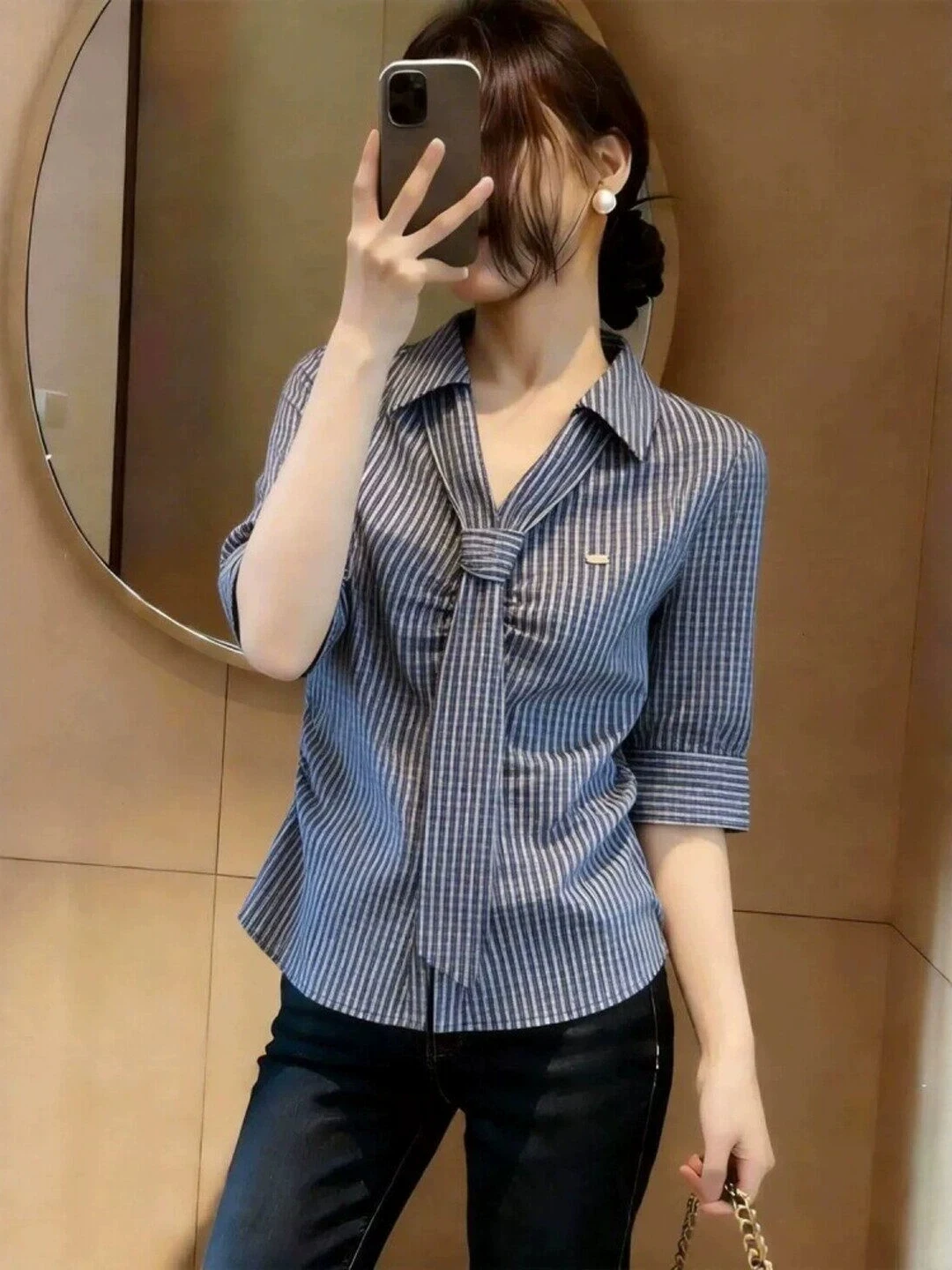 Slimming Blue Striped Short Sleeve Women's Shirt Summer New Style plus Size Waist-Cinching Versatile Beautiful Top
Slimming Blue Striped Short Sleeve Women's Shirt Summer New Style plus Size Waist-Cinching Versatile Beautiful Top