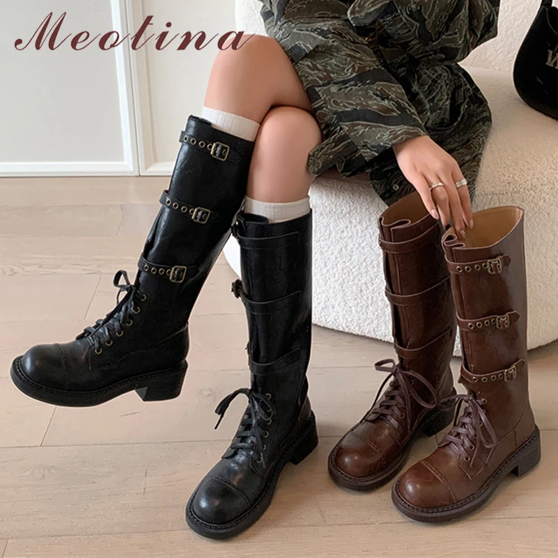 Meotina Women Genuine Leather Knee High Long Boots Round Toe Thick Mid Heels Buckle Lace-up Gogo Boots Lady Fashion Shoes Winter
Meotina Women Genuine Leather Knee High Long Boots Round Toe Thick Mid Heels Buckle Lace-up Gogo Boots Lady Fashion Shoes Winter