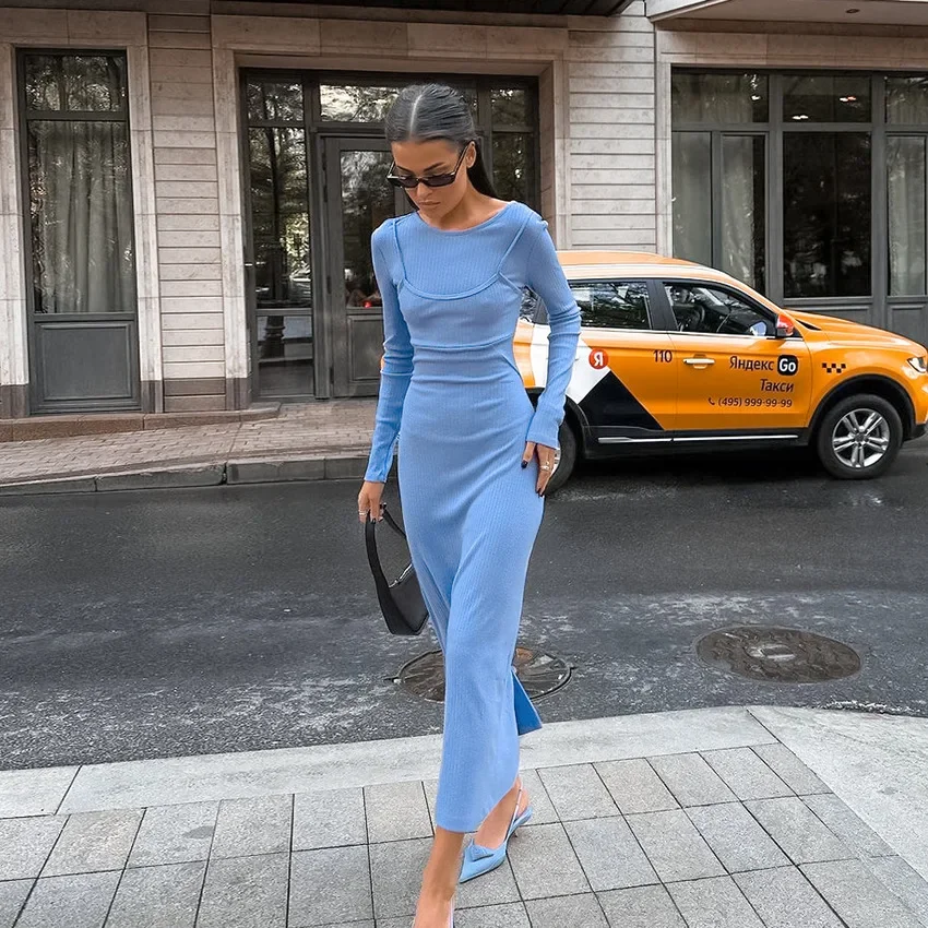 2025 Autumn Women's Blue Dresses Streetwear Elegant Female O-neck Long Sleeve Bodycon High Waist Slit Solid Long Office Dress
2025 Autumn Women's Blue Dresses Streetwear Elegant Female O-neck Long Sleeve Bodycon High Waist Slit Solid Long Office Dress