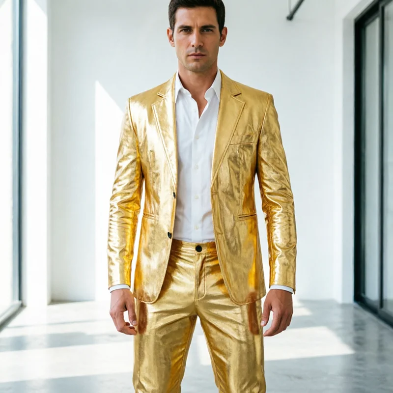 Shiny Gold Men's Suit 2-Piece Set Fashion Thin Blazer & Pants Metallic Party Club Stage Costume for DJ Singer Prom Performance
Shiny Gold Men's Suit 2-Piece Set Fashion Thin Blazer & Pants Metallic Party Club Stage Costume for DJ Singer Prom Performance