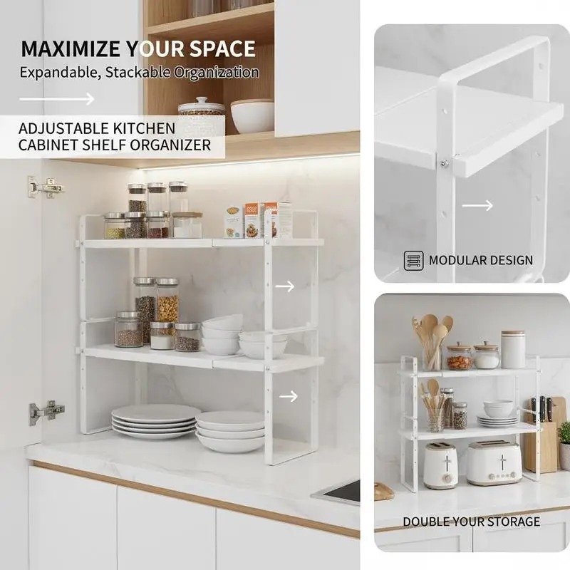 Expandable Pantry Rack 16.5-27.1 Inch For Kitchen Bathroom Office, Stackable 2 Tier Design Adjustable Length White Metal Frame Multi-Functional Countertop Storage Solution
Expandable Pantry Rack 16.5-27.1 Inch For Kitchen Bathroom Office, Stackable 2 Tier Design Adjustable Length White Metal Frame Multi-Functional Countertop Storage Solution