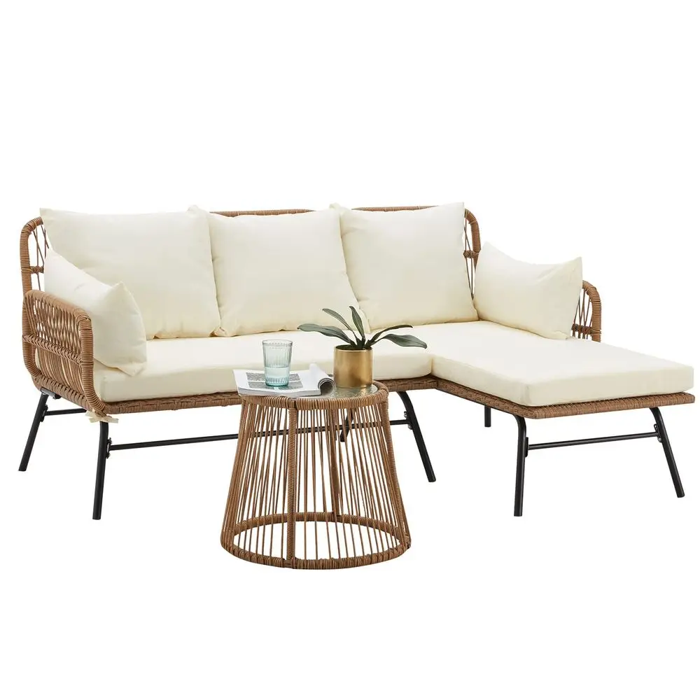 3 Piece Patio Furniture Set, LShaped Sectional Conversation Sofa Set with Thick Cushions and Toughened Glass Coffee Table for B
3 Piece Patio Furniture Set, LShaped Sectional Conversation Sofa Set with Thick Cushions and Toughened Glass Coffee Table for B