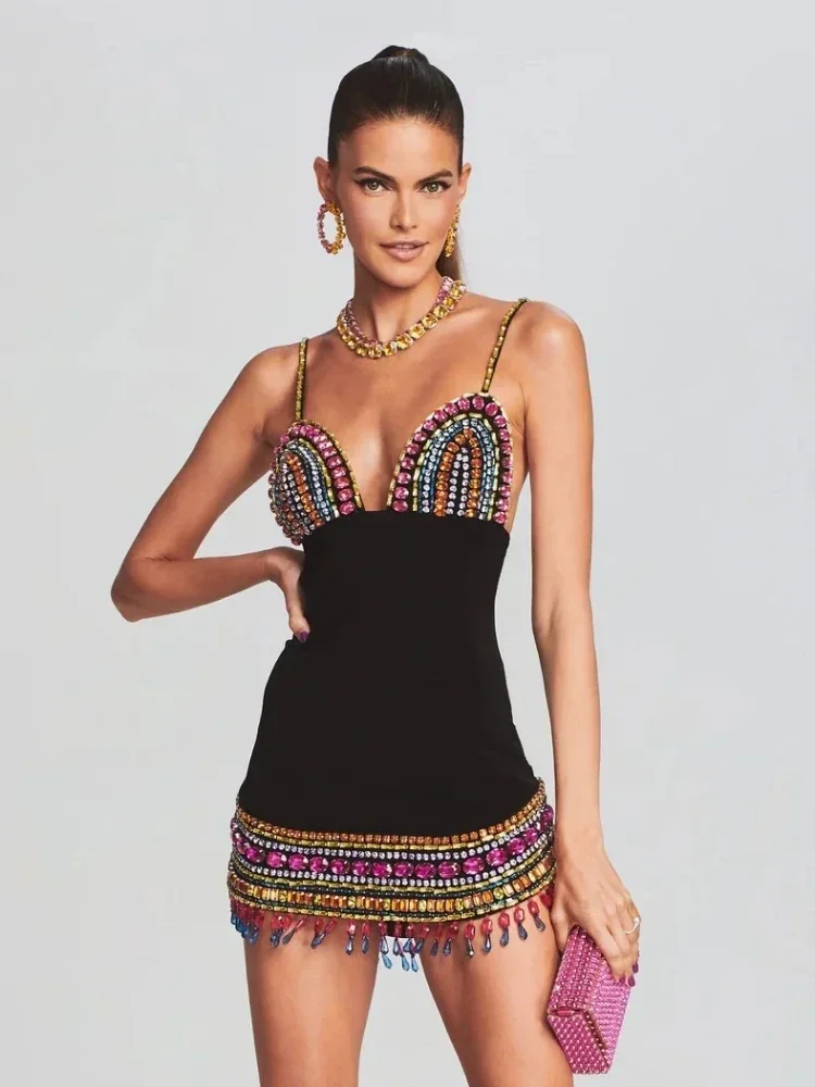 Sexy Strap V Neck Colorful Crystal Bandage Dress Women Black Sleeveless Diamonds Bodycon Dresses Nightclub Party Evening Gowns
Sexy Strap V Neck Colorful Crystal Bandage Dress Women Black Sleeveless Diamonds Bodycon Dresses Nightclub Party Evening Gowns