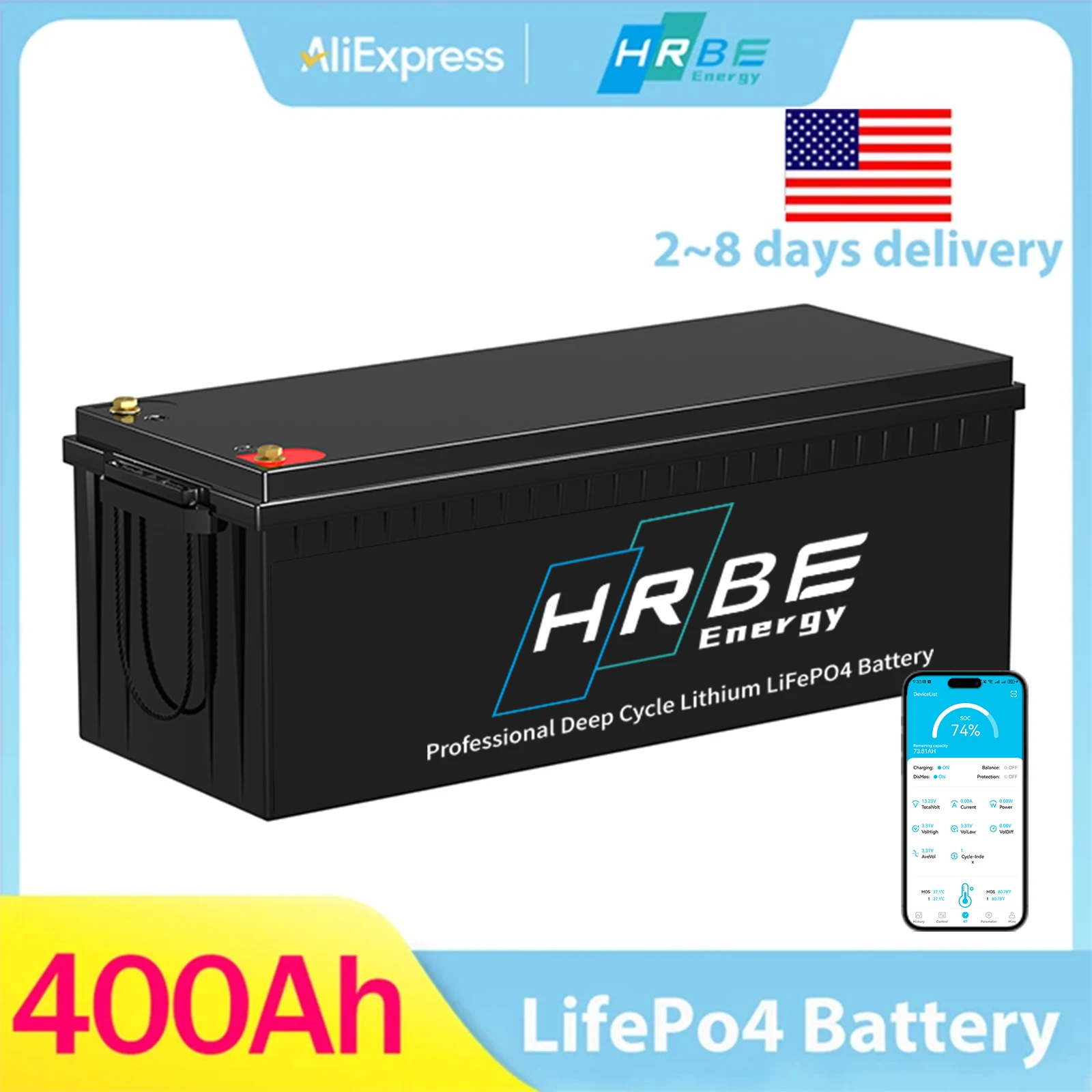 HRBEEnergy 12V 400Ah LiFePO4 Lithium Battery Built-in 200A BMS 5120Wh for Solar Systerm,RV,Camping,Marine,Home Energy Storage
HRBEEnergy 12V 400Ah LiFePO4 Lithium Battery Built-in 200A BMS 5120Wh for Solar Systerm,RV,Camping,Marine,Home Energy Storage