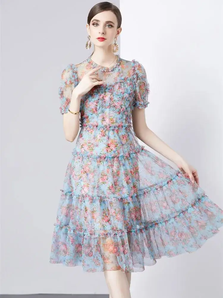 Women Puff Sleeve Diamonds Beading Ruffles Dresses 2025 Summer Gorgeous Flower Print Tulles Mesh Sweet Fairy Vestidos
Women Puff Sleeve Diamonds Beading Ruffles Dresses 2025 Summer Gorgeous Flower Print Tulles Mesh Sweet Fairy Vestidos