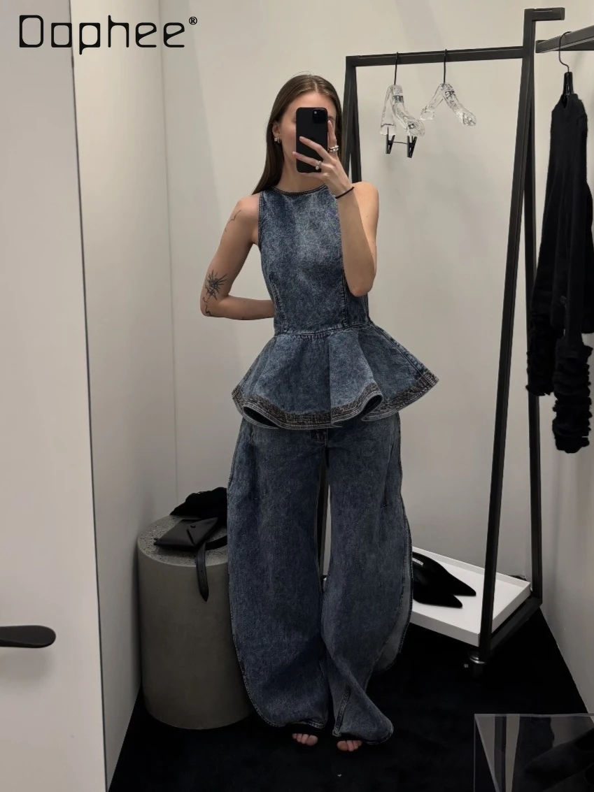 2026 Spring New Y2K Street Style Trendy Round Neck Sleeveless Slim Fit Puff Top Slit Long Pants Denim Two-Piece Set for Women
2026 Spring New Y2K Street Style Trendy Round Neck Sleeveless Slim Fit Puff Top Slit Long Pants Denim Two-Piece Set for Women