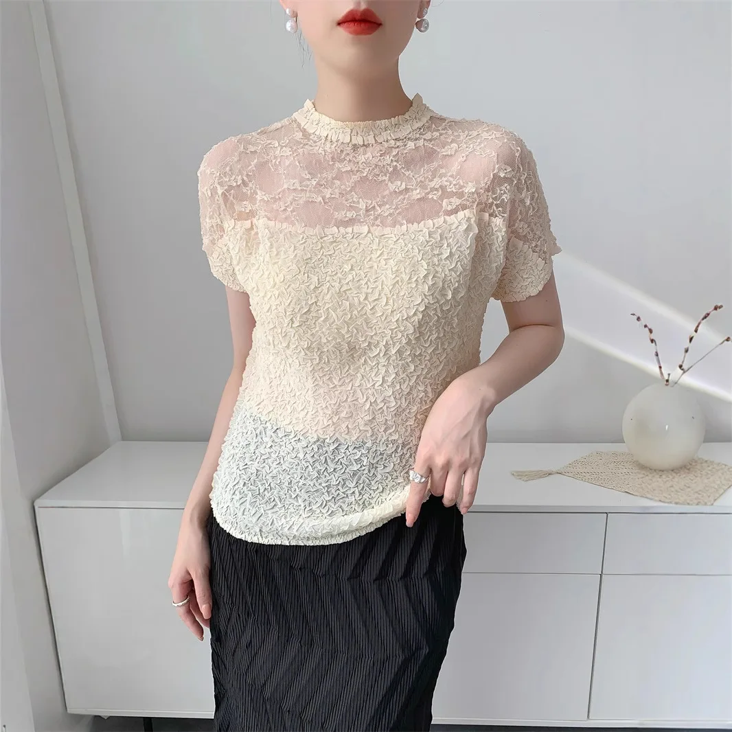 Miyake style pleated lace embroidered top for women 2025 new solid color round neck short sleeve casual T-shirt for women
Miyake style pleated lace embroidered top for women 2025 new solid color round neck short sleeve casual T-shirt for women