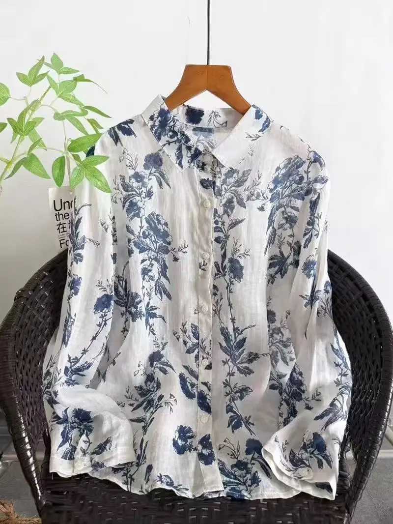 2026 Original luxury brands clothing 100% ramie blue floral shirts and blouses for women summer elegant vintage linen tops
2026 Original luxury brands clothing 100% ramie blue floral shirts and blouses for women summer elegant vintage linen tops