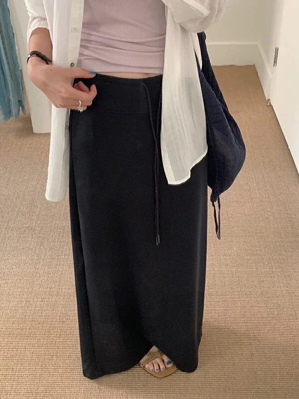 Юбка-миди трапециевидной формы в стиле ретро, женская летняя свободная эластичная талия, тонкая прямая спортивная юбка с разрезом, длинная юбка