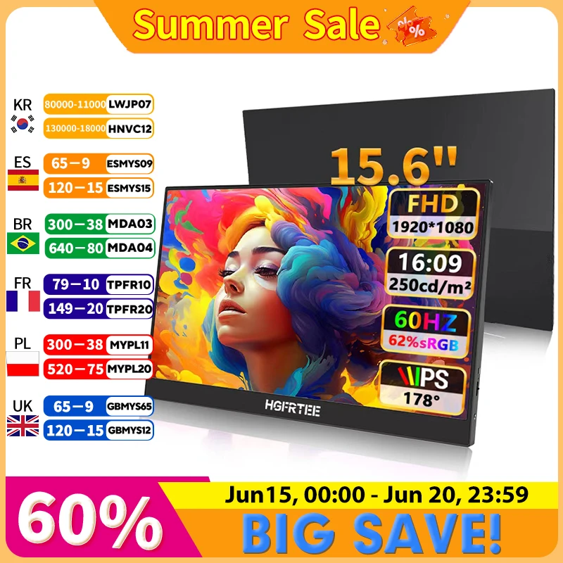 HGFRTEE 15.6'' FHD 1080P Ultra-Slim Portable Monitor with Dual Type-C & mini HDMI Interface for Laptop PC Phone PS4 Xbox Switch
HGFRTEE 15.6'' FHD 1080P Ultra-Slim Portable Monitor with Dual Type-C & mini HDMI Interface for Laptop PC Phone PS4 Xbox Switch