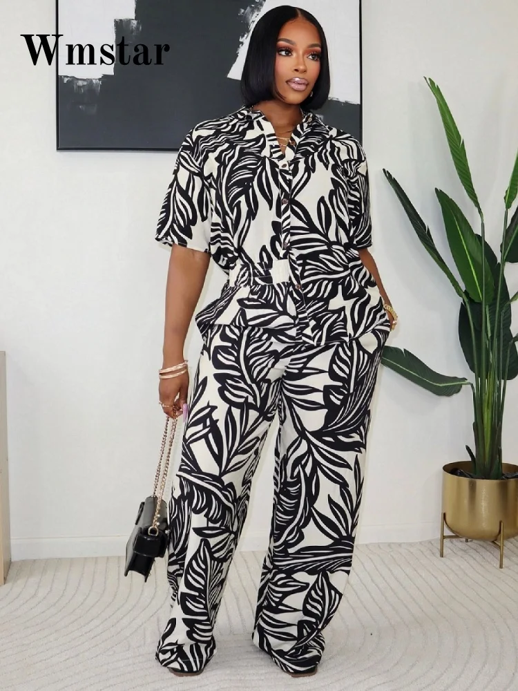 Wmstar Two Piece Sets Women Wholesale Printed Short Sleeve Top High Waist Elastic Wide Leg Trousers Suit Matching Suit Summer
Wmstar Two Piece Sets Women Wholesale Printed Short Sleeve Top High Waist Elastic Wide Leg Trousers Suit Matching Suit Summer