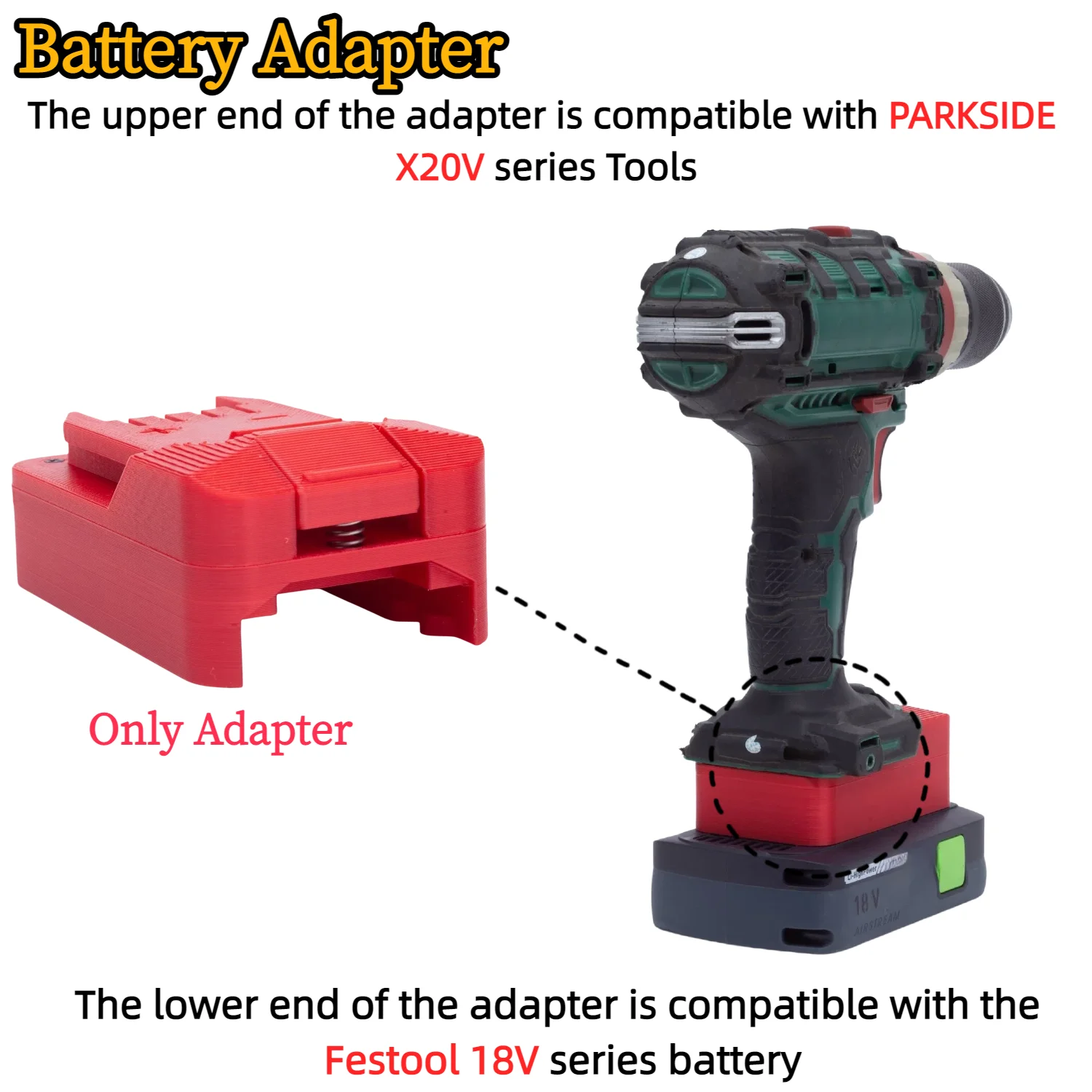 Battery Adapter/Converter for Festool 18V Li-ion Battery TO PARKSIDE X20V Cordless Drill Tools Accessory(Only Adapter)
Battery Adapter/Converter for Festool 18V Li-ion Battery TO PARKSIDE X20V Cordless Drill Tools Accessory(Only Adapter)