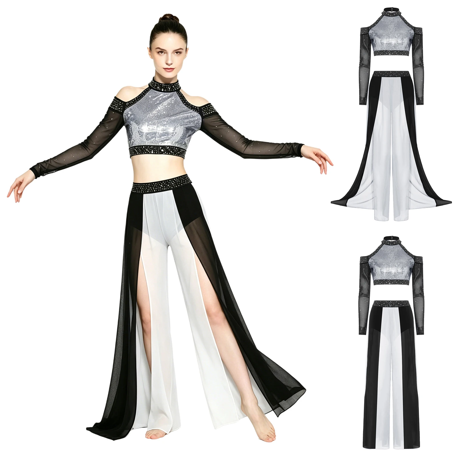 Women Sheer Mesh Lyrical Figure Skating Dance Performance Outfits Cold Shoulder Long Sleeve Sequin Top And Split Wide Leg Pants
Women Sheer Mesh Lyrical Figure Skating Dance Performance Outfits Cold Shoulder Long Sleeve Sequin Top And Split Wide Leg Pants