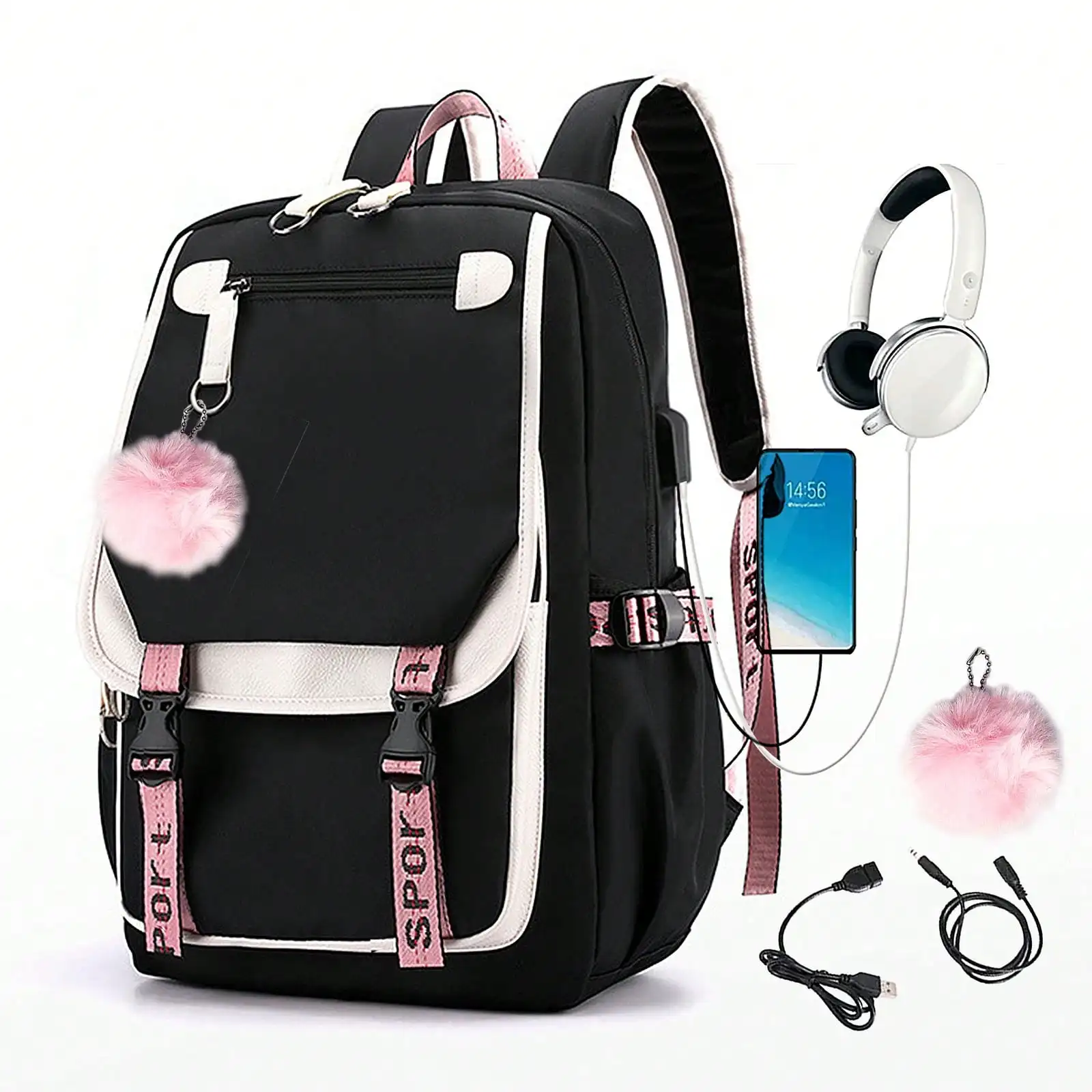 Large Capacity Backpack With USB Port, Fashionable Black & Pink Backpack Suitable For Teenagers, High School And College Students Classic Long Wallet, Faux Leather Multi-Function Wallet, Large Capacity Zipper Wallet Collegiate Style Backpack, Back To Scho
Large Capacity Backpack With USB Port, Fashionable Black & Pink Backpack Suitable For Teenagers, High School And College Students Classic Long Wallet, Faux Leather Multi-Function Wallet, Large Capacity Zipper Wallet Collegiate Style Backpack, Back To Scho
