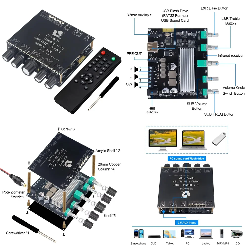 VIRE for 2.1 Channel Audio Amplifier Module for Bluetooth 5.3 Power Amplifier Board USB Sound Card Subwoofer 60W 150W Class D
VIRE for 2.1 Channel Audio Amplifier Module for Bluetooth 5.3 Power Amplifier Board USB Sound Card Subwoofer 60W 150W Class D