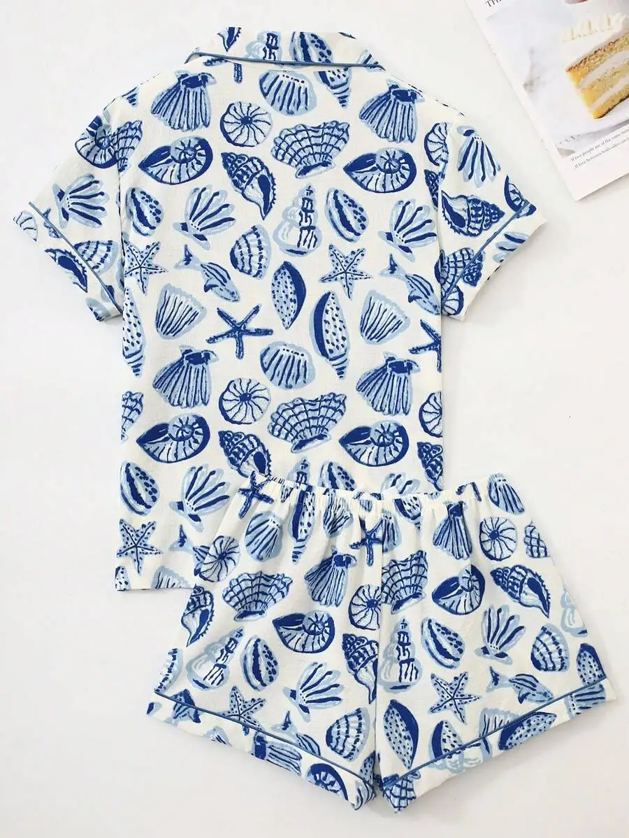 2pcs Women Blue Shell Print Short Sleeve Button Up Pajama Set With Shorts Casual Loungewear Summer
2pcs Women Blue Shell Print Short Sleeve Button Up Pajama Set With Shorts Casual Loungewear Summer