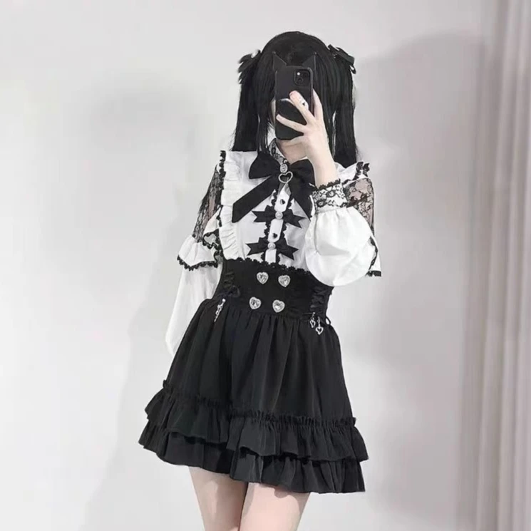 Японский кавайный тонкий комплект в стиле Лолиты, женский модный кружевной топ с милым бантом и длинными рукавами, дизайнерский костюм с мини-юбкой, новый
Японский кавайный тонкий комплект в стиле Лолиты, женский модный кружевной топ с милым бантом и длинными рукавами, дизайнерский костюм с мини-юбкой, новый