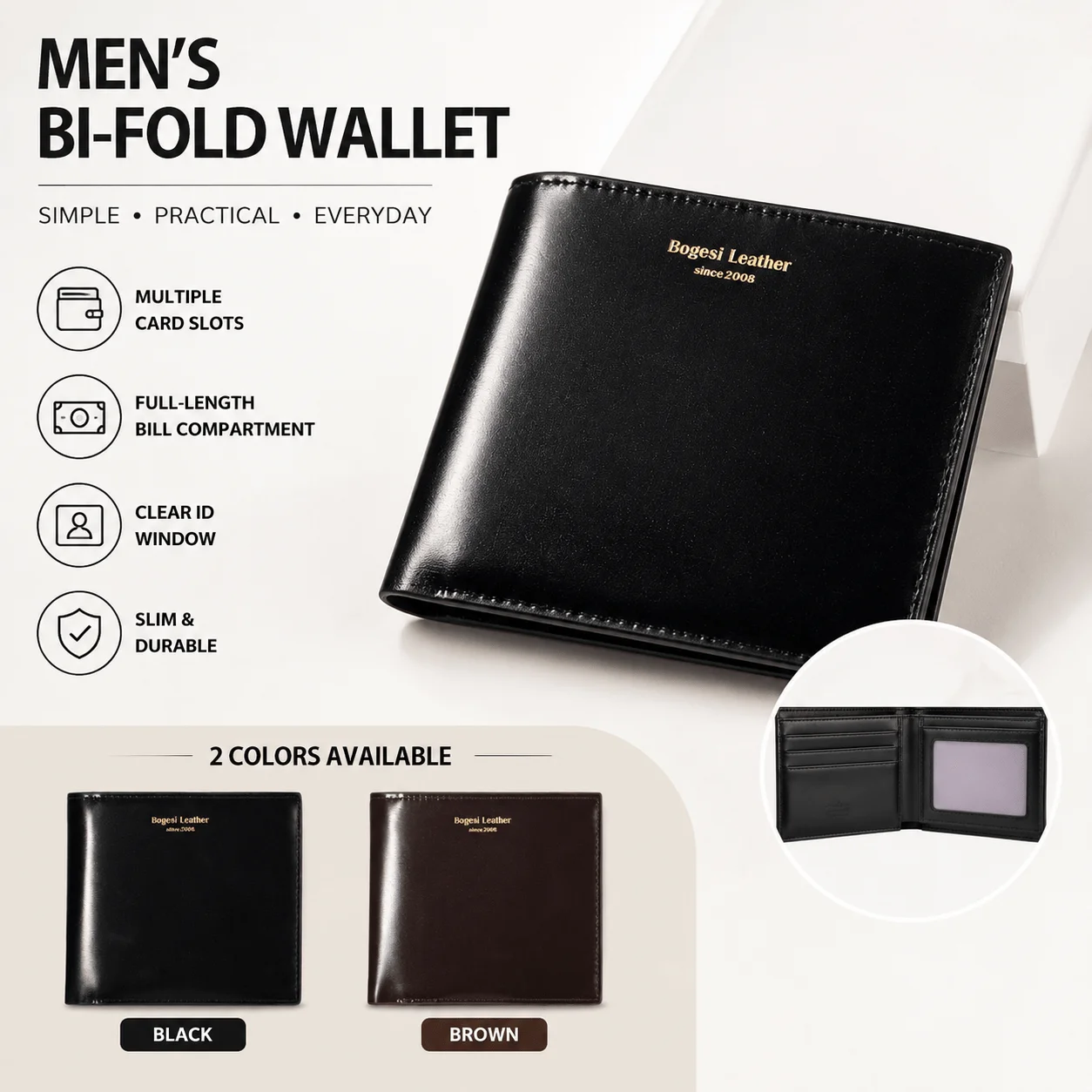 Slim Men’s Bi-Fold Wallet with Multiple Card Slots, Clear ID Display Window, and Spacious Bill Section
Slim Men’s Bi-Fold Wallet with Multiple Card Slots, Clear ID Display Window, and Spacious Bill Section