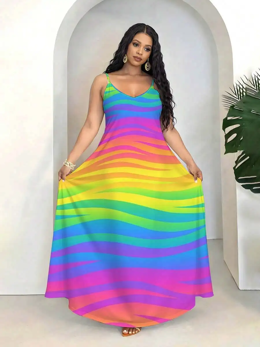 Plus Size Women Sleeveless V Neck Maxi Dress Rainbow Stripe Pattern Casual Beach Vacation Wear
Plus Size Women Sleeveless V Neck Maxi Dress Rainbow Stripe Pattern Casual Beach Vacation Wear