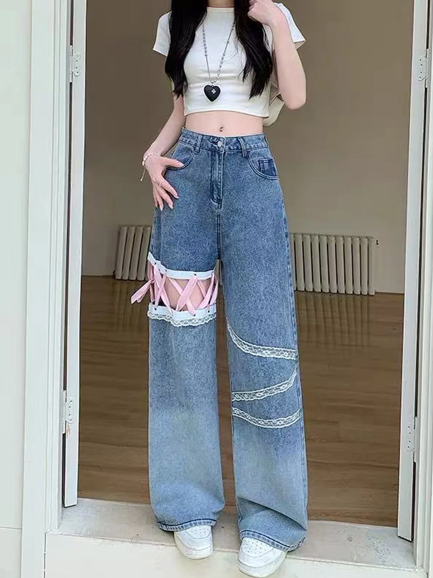 American High Street Design Blue Denim Jeans Women Summer New Lace Tie Floor-Length Slimming Pants Wide Leg Natural Waist
American High Street Design Blue Denim Jeans Women Summer New Lace Tie Floor-Length Slimming Pants Wide Leg Natural Waist