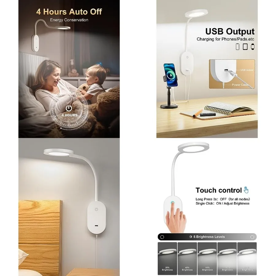 Wall Mounted Reading Light, Book Lights with USB Output, Reading Lamps for Bed Headboard in 4 Hours Auto-Off, Touch Control Wal
Wall Mounted Reading Light, Book Lights with USB Output, Reading Lamps for Bed Headboard in 4 Hours Auto-Off, Touch Control Wal