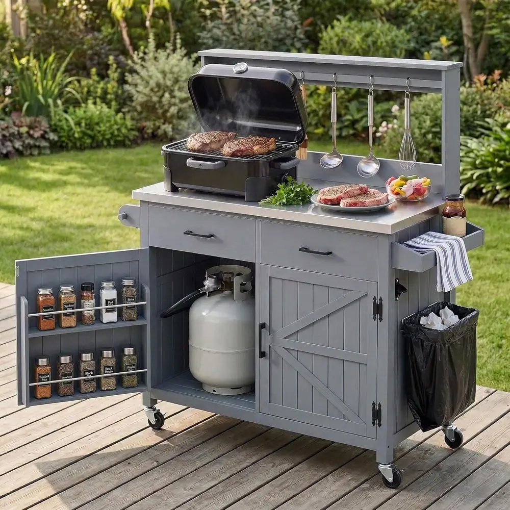 Large Outdoor Potting Bench with Stainless Steel Top, Storage, and High Shelving, Solid Wood Grill Cart, Grey Blue
Large Outdoor Potting Bench with Stainless Steel Top, Storage, and High Shelving, Solid Wood Grill Cart, Grey Blue