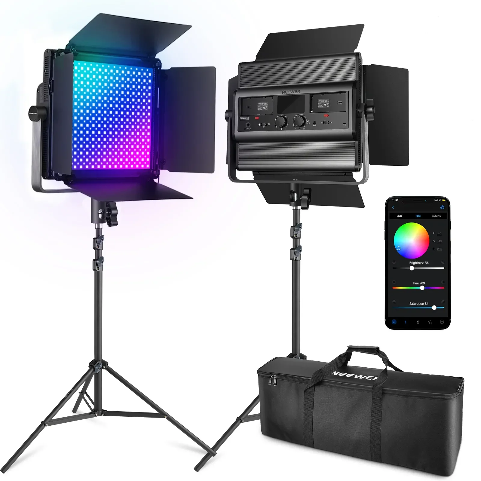 NEEWER 2 Pack RGB1200 LED Video Light With APP/2.4G Control, 60W Photography Video Lighting Kit With Stands & Bag
NEEWER 2 Pack RGB1200 LED Video Light With APP/2.4G Control, 60W Photography Video Lighting Kit With Stands & Bag