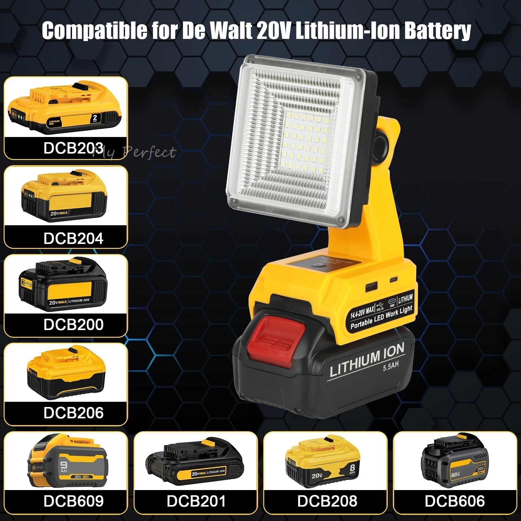 Портативный фонарь 1500LM светодиодный рабочий свет совместим с DeWalt 20V Макс литий-ионная батарея 25W прожектор с USB / тип-C порта 2.1A быстрой зарядки 110° регулируемый угол поворотной головки беспроводный светодиодный наружный свет для ремонта автом
Портативный фонарь 1500LM светодиодный рабочий свет совместим с DeWalt 20V Макс литий-ионная батарея 25W прожектор с USB / тип-C порта 2.1A быстрой зарядки 110° регулируемый угол поворотной головки беспроводный светодиодный наружный свет для ремонта автом