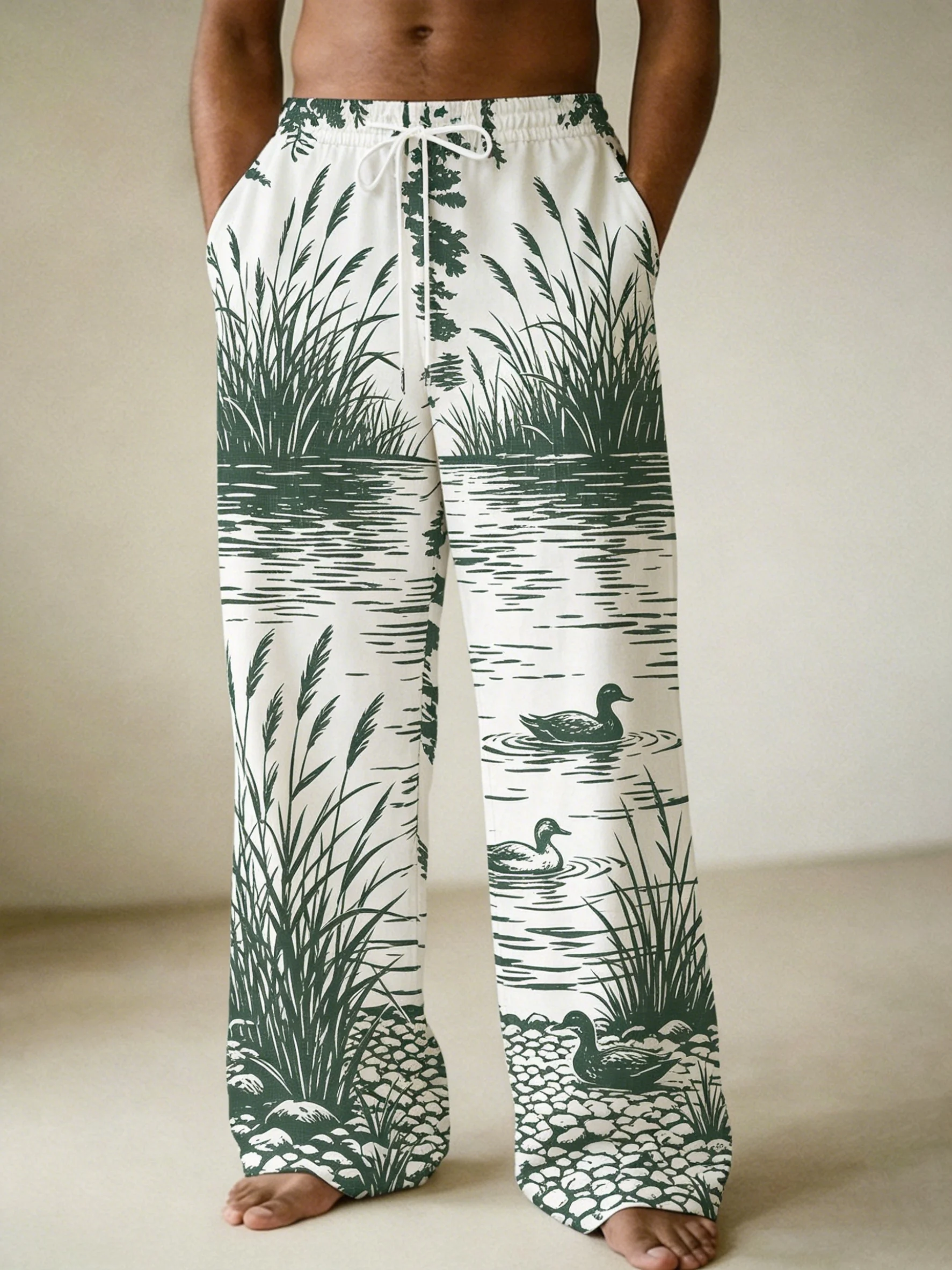 Men's Spring Summer Wild Duck Reed Riverside Scenery Print Drawstring Pants, Vintage Nature Trousers for Beach Daily Outfit
Men's Spring Summer Wild Duck Reed Riverside Scenery Print Drawstring Pants, Vintage Nature Trousers for Beach Daily Outfit