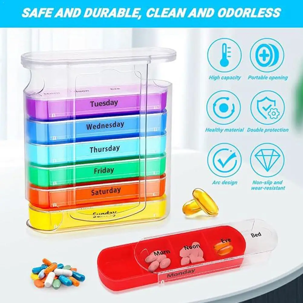 Красочная 7-дневная коробка для таблеток для еженедельного органайзера для таблеток, портативный герметичный держатель для таблеток с 28 сетками, таблетки для лекарств, чехол для таблеток
Красочная 7-дневная коробка для таблеток для еженедельного органайзера для таблеток, портативный герметичный держатель для таблеток с 28 сетками, таблетки для лекарств, чехол для таблеток