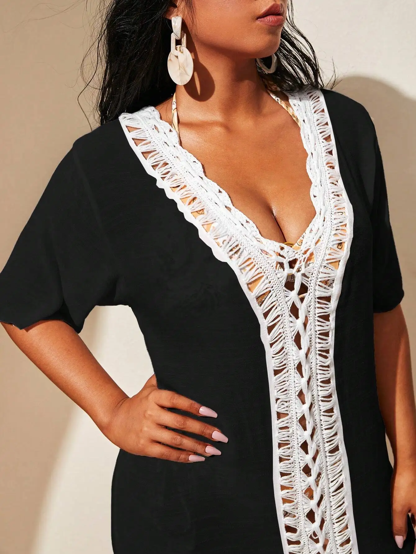 Plus Size Beach Cover Up Dress With Crochet V Neck And Side Split
Plus Size Beach Cover Up Dress With Crochet V Neck And Side Split