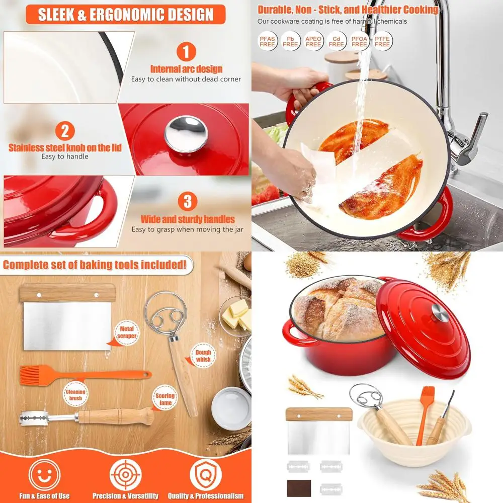 Enameled Cast Iron 6-Quart Bread Oven with Accessories: Sourdough Proofing Basket, Scoring Tool, Dough Whisk, Red
Enameled Cast Iron 6-Quart Bread Oven with Accessories: Sourdough Proofing Basket, Scoring Tool, Dough Whisk, Red